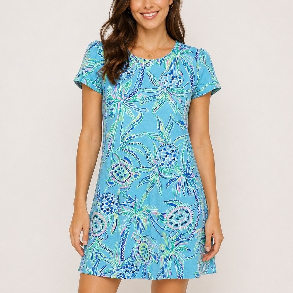 Lilly Pulitzer Kimi Swing Dress‎ Womens XXS Blue Tropical Beach Resort Turtle